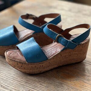 Born Blue Leather Cork Wedge Sandals Women’s 7 / EU 38